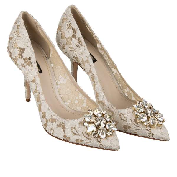 Dolce & Gabbana Taormina Lace Pumps BELLUCCI with Crystal Brooch Beige |  FASHION ROOMS