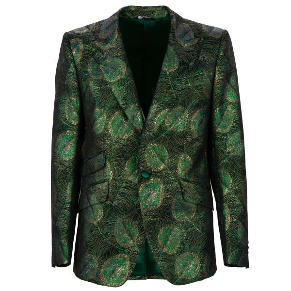 Blazer aus Pfau Federn Muster Jacquard mit spitzem Revers in Grün von DOLCE & GABBANA