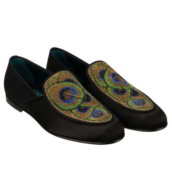 Satin loafer shoes CIMABUE with goldwork technique embroidered peacock feathers in black by DOLCE & GABBANA