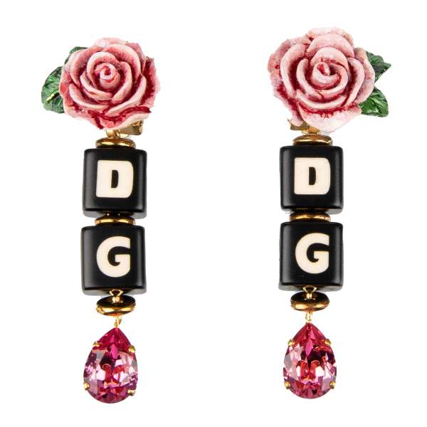 Clip Earrings embellished with hand painted roses, DG cubes and crystals in gold by DOLCE & GABBANA