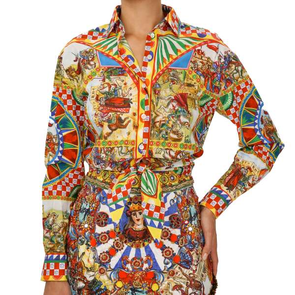 Carretto print cropped Blouse Top with knot style in front in red, yellow, green and blue by DOLCE & GABBANA