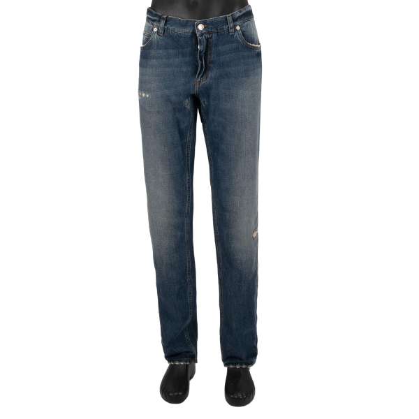 5-pockets Jeans CLASSIC with a leather and metal logo plate and destroyed elements in blue by DOLCE & GABBANA