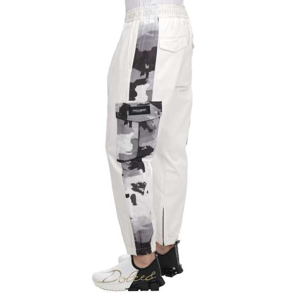 Trousers with DG Logo, camoflage elements and light reflective pocket with FEEL YOUR SOUL patches contrast stripe in white and gray by DOLCE & GABBANA