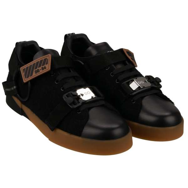 Wolle und Leder Herren Low Top Leder Sneaker PORTOFINO LIGHT mit DG Logo Schnalle in Schwarz von DOLCE & GABBANA