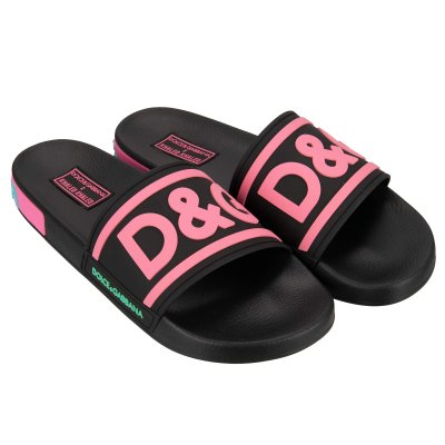 Dolce Gabbana DJ Khaled Slides Sandals with D G Logo Black Pink FASHION ROOMS