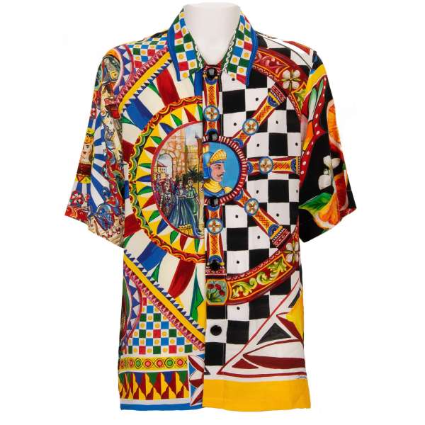 Oversize viscose shirt with Carretto Siciliano print and press button closure in red, blue, yellow and white by DOLCE & GABBANA