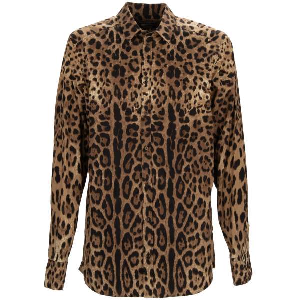 Baumwolle Hemd mit Leoparden Print und DG Logo Patch in braun von DOLCE & GABBANA