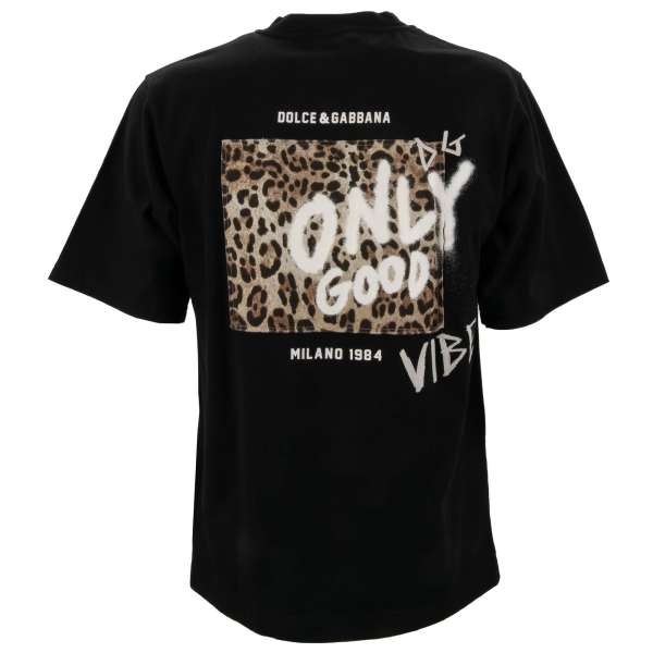 Oversize cotton T-Shirt with Leopard Patch, Embroideries, Only Good Vibe Graffiti Print in black by DOLCE & GABBANA