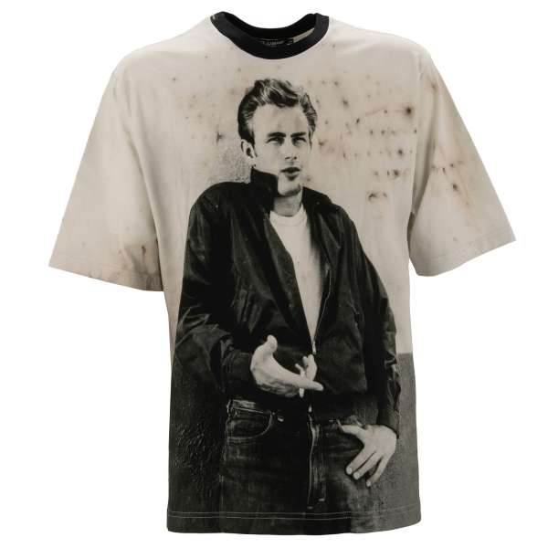 Vintage Design Print Oversize cotton T-Shirt with James Dean picture and patch on the back in black and gray by DOLCE & GABBANA