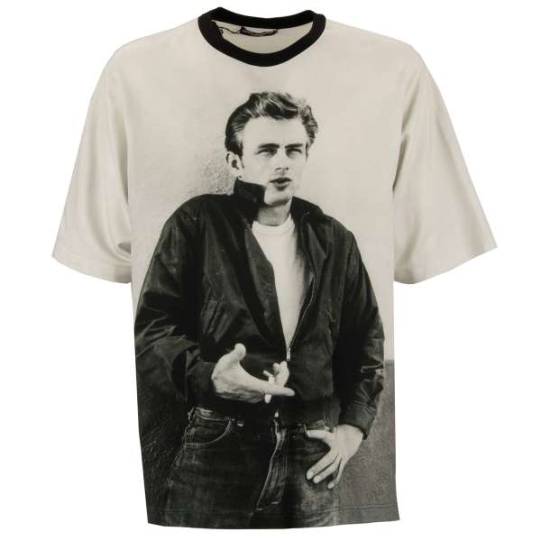 Printed cotton T-Shirt with James Dean print and patch on the back in gray by DOLCE & GABBANA