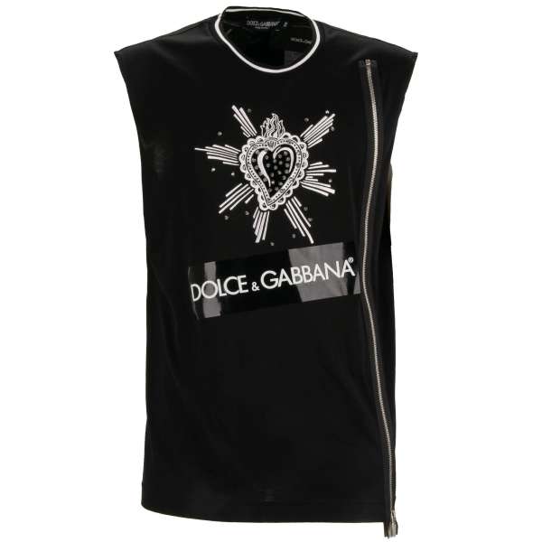 Limited Edition Tank Top with DG Logo patch, sacred heart embroidery with studs and zip in black and white by DOLCE & GABBANA