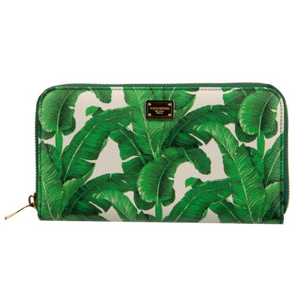 Long zip-around dauphine leather wallet with logo plate and palm leaf print by DOLCE & GABBANA