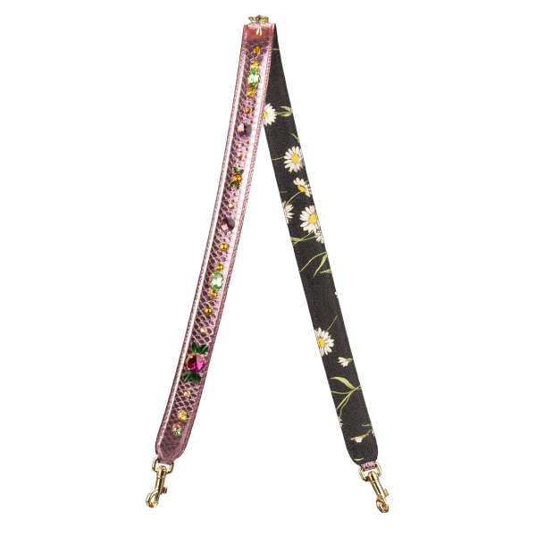 Schlange Leder und Dauphine Gänseblümchen Blumen Print Kalbsleder Schulterriemen für Tasche mit Nieten und Kristallen Applikationen in Pink von DOLCE & GABBANA