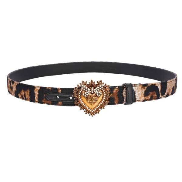 DEVOTION Leopard jacquard and leather Belt embellished with Pearl Metal Heart in beige, black and gold by DOLCE & GABBANA