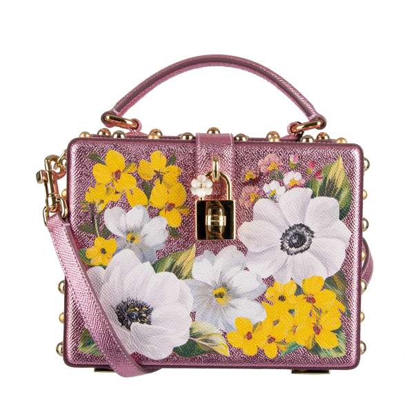 Dolce & Gabbana Floral Shiny Dauphine Leather Bag DOLCE BOX with Studs Pink  | FASHION ROOMS