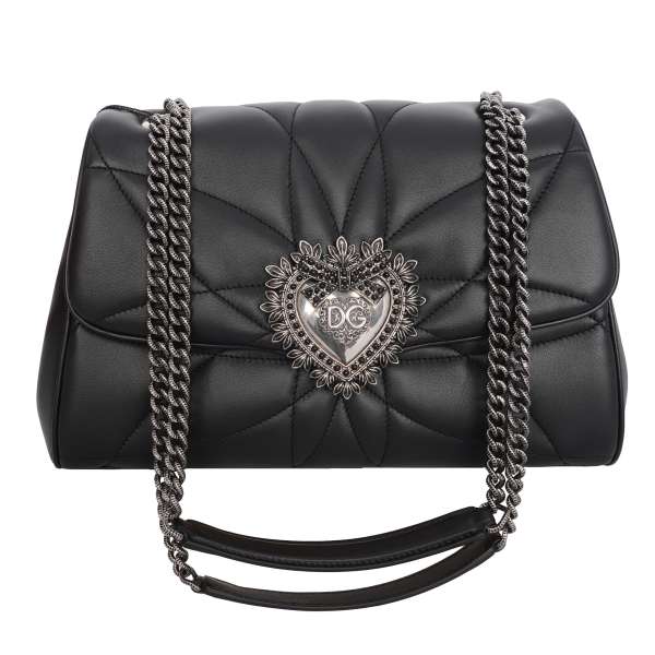 Crossbody Bag DEVOTION Large made of quilted nappa leather with jeweled heart buckle with DG Logo and structured metal chain strap by DOLCE & GABBANA