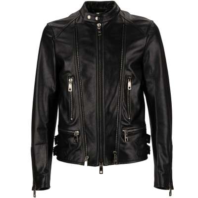 Biker Jacke aus Leder mit Taschen, Schnallen und Reißverschlüssen Schwarz