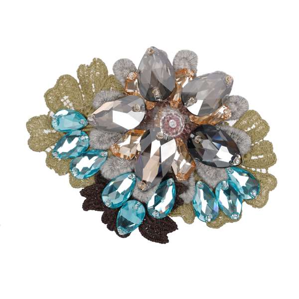 Floral Hair Clip with lace and crystals in blue, gray and green by DOLCE & GABBANA