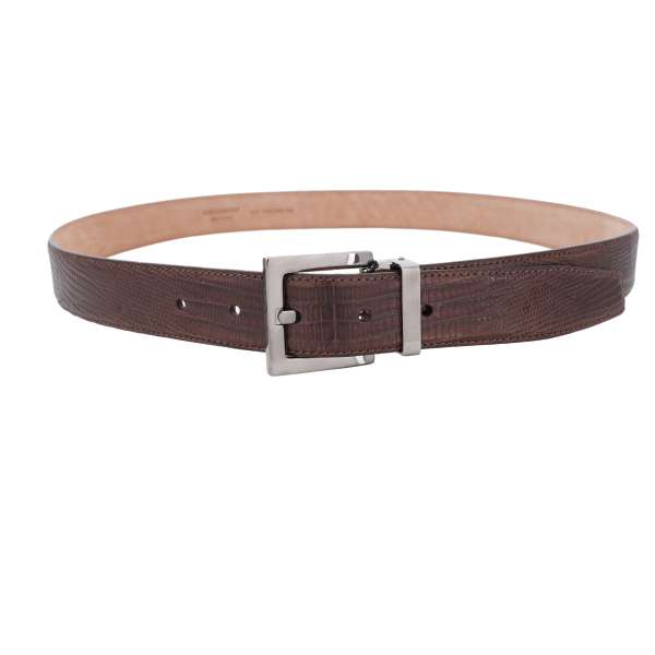 Lizard leather belt with silver metal buckle in brown by DOLCE & GABBANA