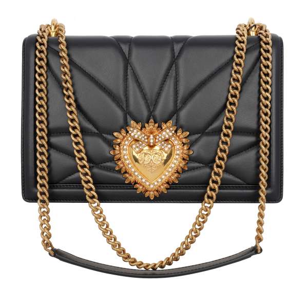 Crossbody Bag DEVOTION Medium made of quilted matelasse nappa leather with jeweled heart buckle with DG Logo and structured metal chain strap by DOLCE & GABBANA