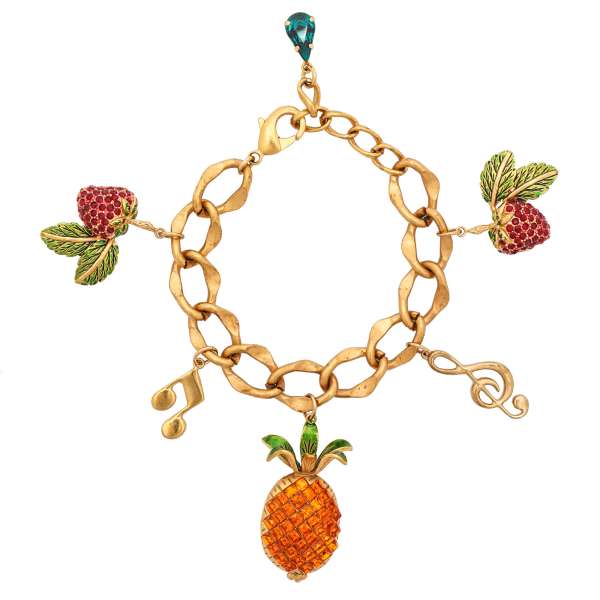 Chain bracelet embellished with crystal pineapple, strawberry in gold by DOLCE & GABBANA