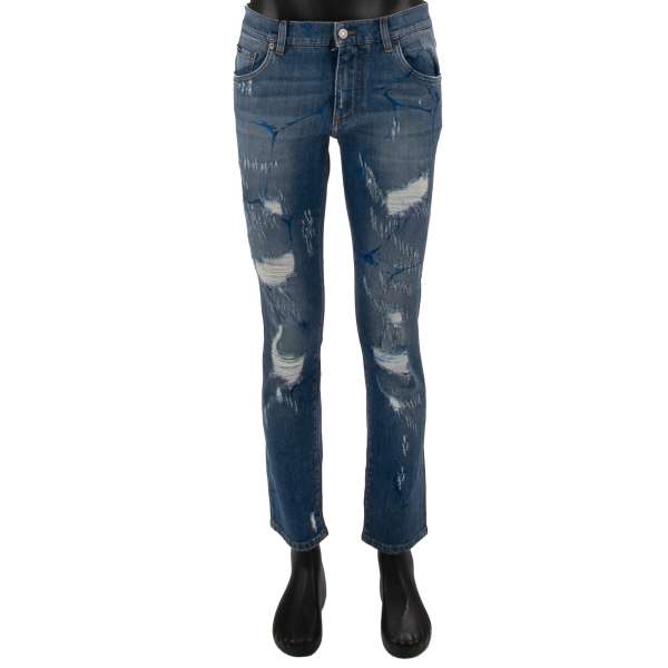 Distressed Gio Ponti Design Schmal geschnittene 5-Pockets Jeans SKINNY mit DG Logo Stickerei Patch in blau von DOLCE & GABBANA 