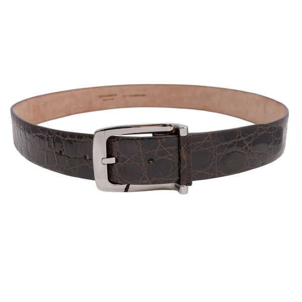  Crocodile Leather belt with silver metal buckle in white and blue by DOLCE & GABBANA