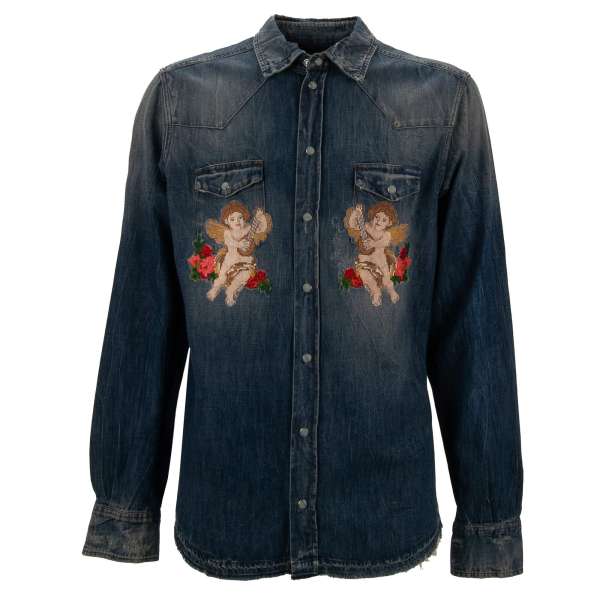 Jeans / Denim shirt with baroque angel rose embroidery and two front pockets in blue by DOLCE & GABBANA