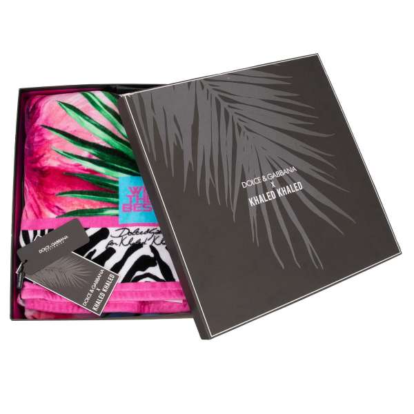 Large Flamingo Zebra Palm Leaf printed cotton beach towel in green, pink, blue and white by DOLCE & GABBANA x DJ KHALED