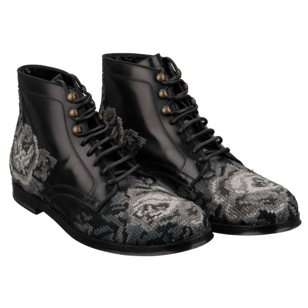 Stiefeletten im Barock Stil mit Rosen Hand Stickerei in Schwarz und Grau von DOLCE & GABBANA