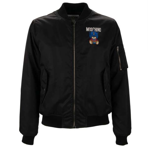 Collared and stuffed bomber style nylon jacket with embroidered Robot Bear from TRANSFORMERS series and Logos in front and at the back by MOSCHINO COUTURE