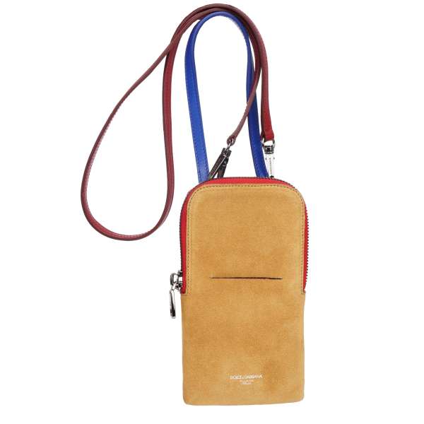 Unisex suede leather phone bag / shoulder bag with detachable strap in beige by DOLCE & GABBANA