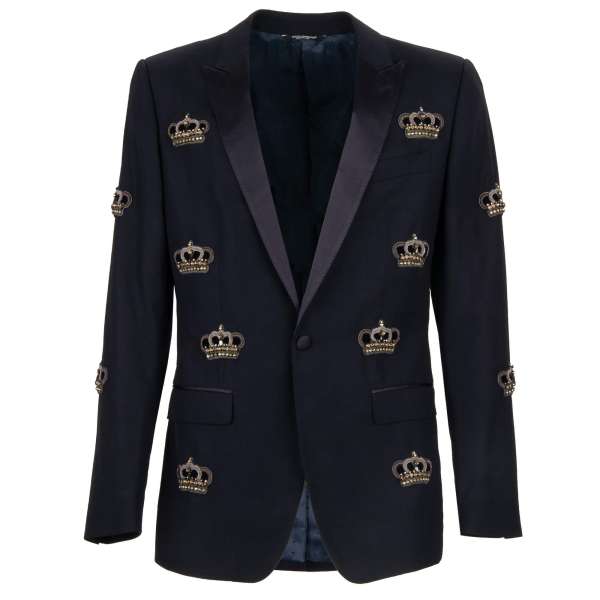 Virgin wool blend blazer with crystal crown goldwork hand-made embroidery and silk peak lapel in blue by DOLCE & GABBANA