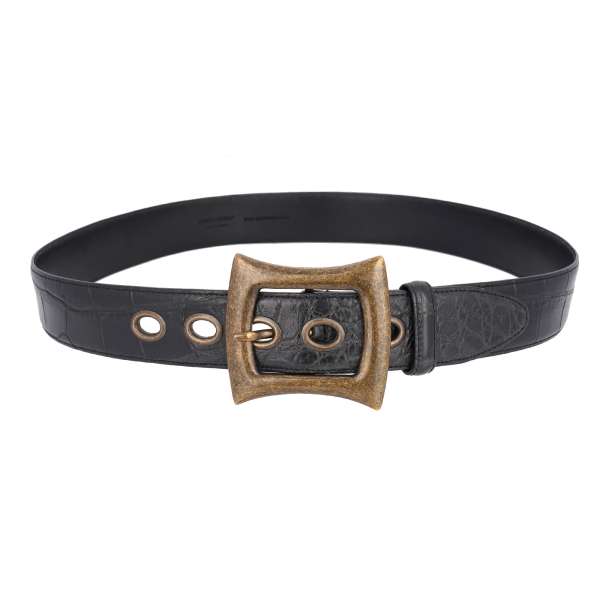 Crocodile leather belt with metal buckle in black by DOLCE & GABBANA