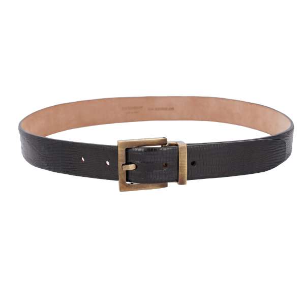 Lizard leather belt with gold metal buckle in black by DOLCE & GABBANA