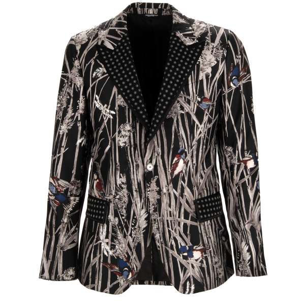 Bird printed blazer / jacket made of silk with peak patterned lapel in black and gray by DOLCE & GABBANA