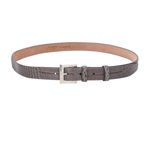 Classic crocodile leather belt with silver metal buckle in gray by DOLCE & GABBANA