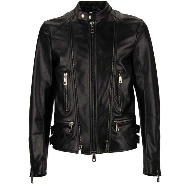 Biker style leather jacket with many zipped pockets, zips and side buckles by DOLCE & GABBANA