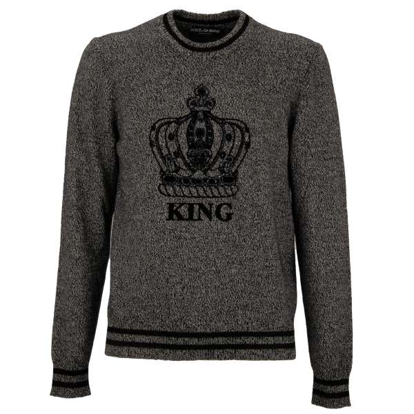 Sweater / Pullover aus Kaschmir mit Krone King Samt Patches in grau und schwarz von DOLCE & GABBANA