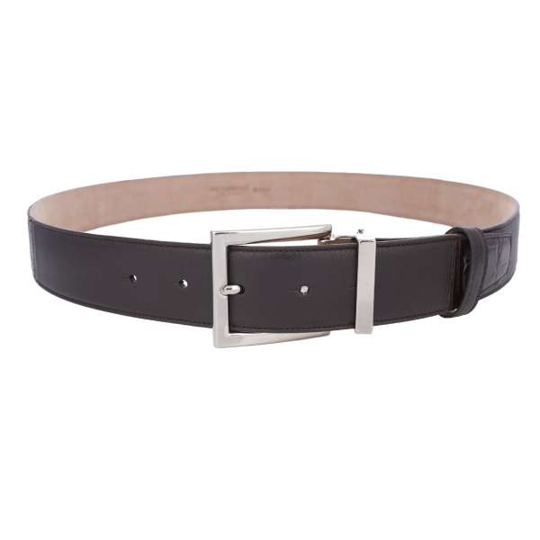 Crocodile and Calf Leather belt with silver metal buckle in brown by DOLCE & GABBANA