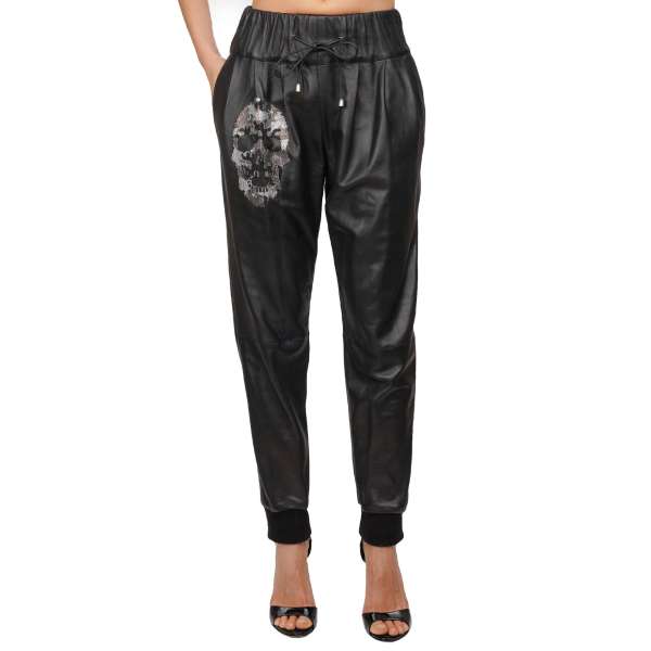  Leather pants with crystal skull and Philipp Plein metal logo plate at the back by PHILIPP PLEIN