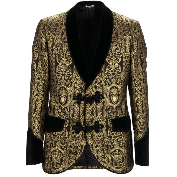 Baroque Style Jacquard smoking jacket / blazer rope fastening and velvet shawl lapel in gold and black by DOLCE & GABBANA