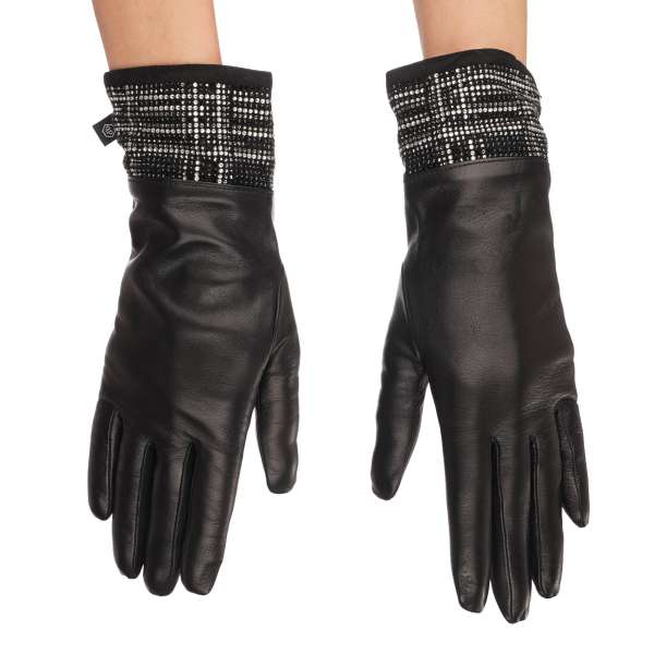 "Winter Picnic" Leder Handschuhe mit Kaschmir Lining und Kristallen Applikationen in schwarz von PHILIPP PLEIN 