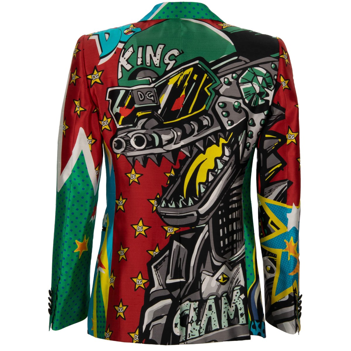 Dolce Gabbana DG Logo Star Comics King Dupioni Silk Blazer Jacket Green Blue FASHION ROOMS