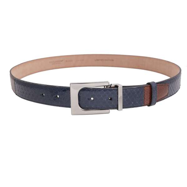 Limited Edition Snake and Lizard Leather belt with silver metal buckle in blue and brown by DOLCE & GABBANA