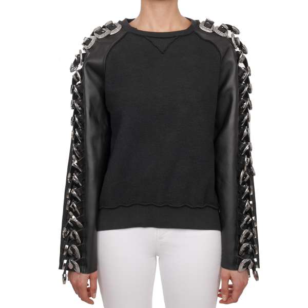 Cotton Sweatshirt with leather sleeves and metal buckles in black and silver by DSQUARED2