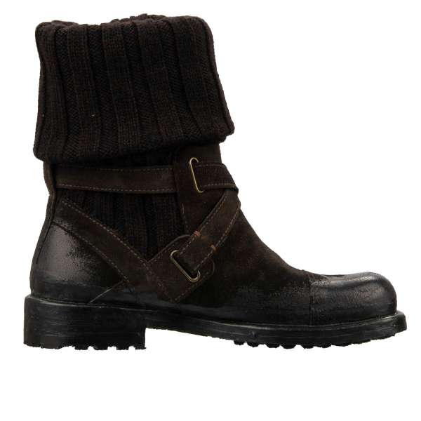 Coated  Suede Leather Boots with wool top and buckles in brown by DOLCE & GABBANA 