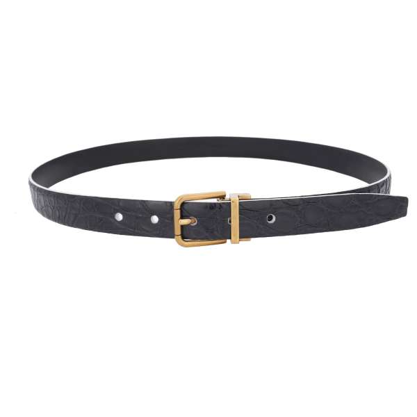 Classic crocodile leather belt with gold metal buckle and white edges in black by DOLCE & GABBANA