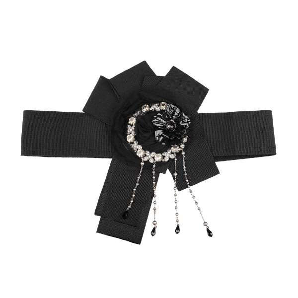 Belt for dress with crystal and brass flower brooches and ribbon applications in black and silver by DOLCE & GABBANA SARTORIA