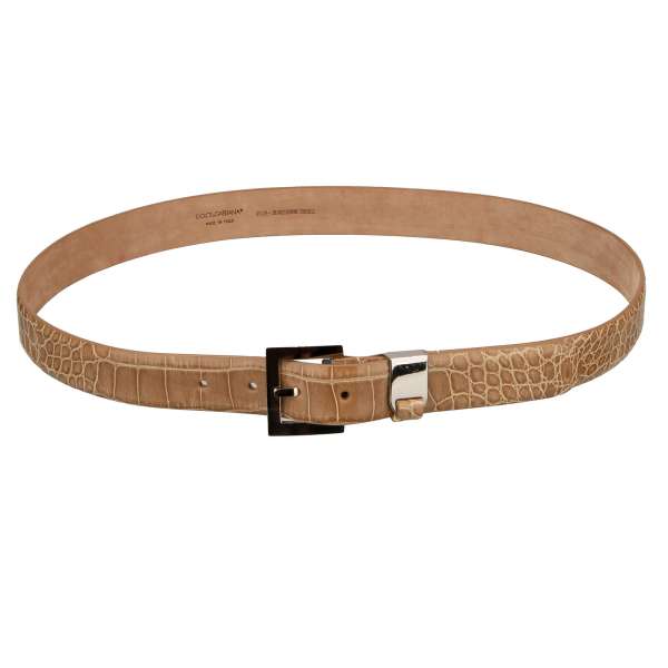 Classic Crocodile Leather belt with silver buckle in beige by DOLCE & GABBANA